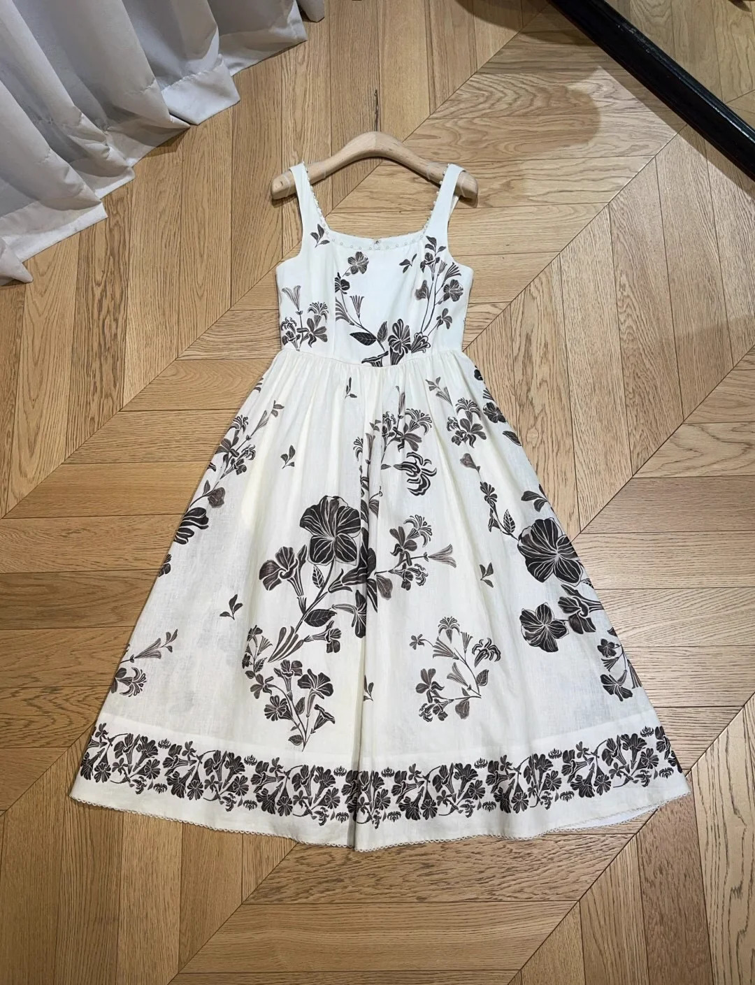 

Pearl Beaded Decoration Women Sling Robe 2025 New Flower Print Square Collar High Waist Sleeveless Casual 100% Linen Midi Dress