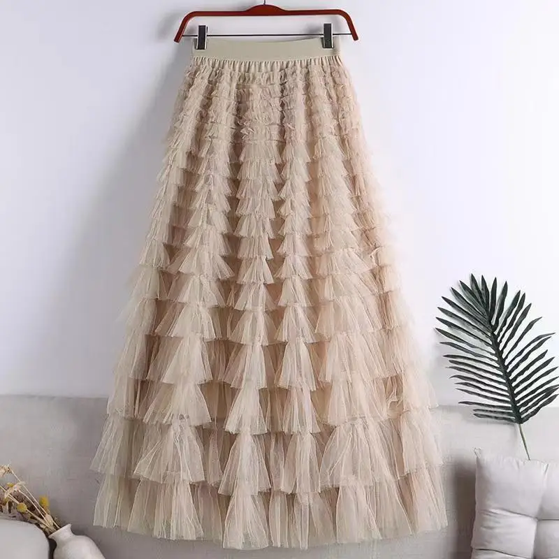 2025 Primavera Verano nueva moda tul malla pastel Midi falda para mujeres ligero hinchado cintura alta adelgazamiento elegante ropa de mujer