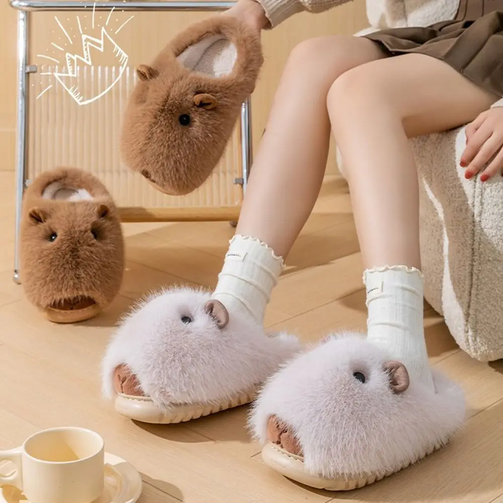 

Casual Comfortable Capybara Plush Slippers Winter Anti Slip Closed Toe Slippers Wrapped Heel Soft Couple Slippers Bedroom