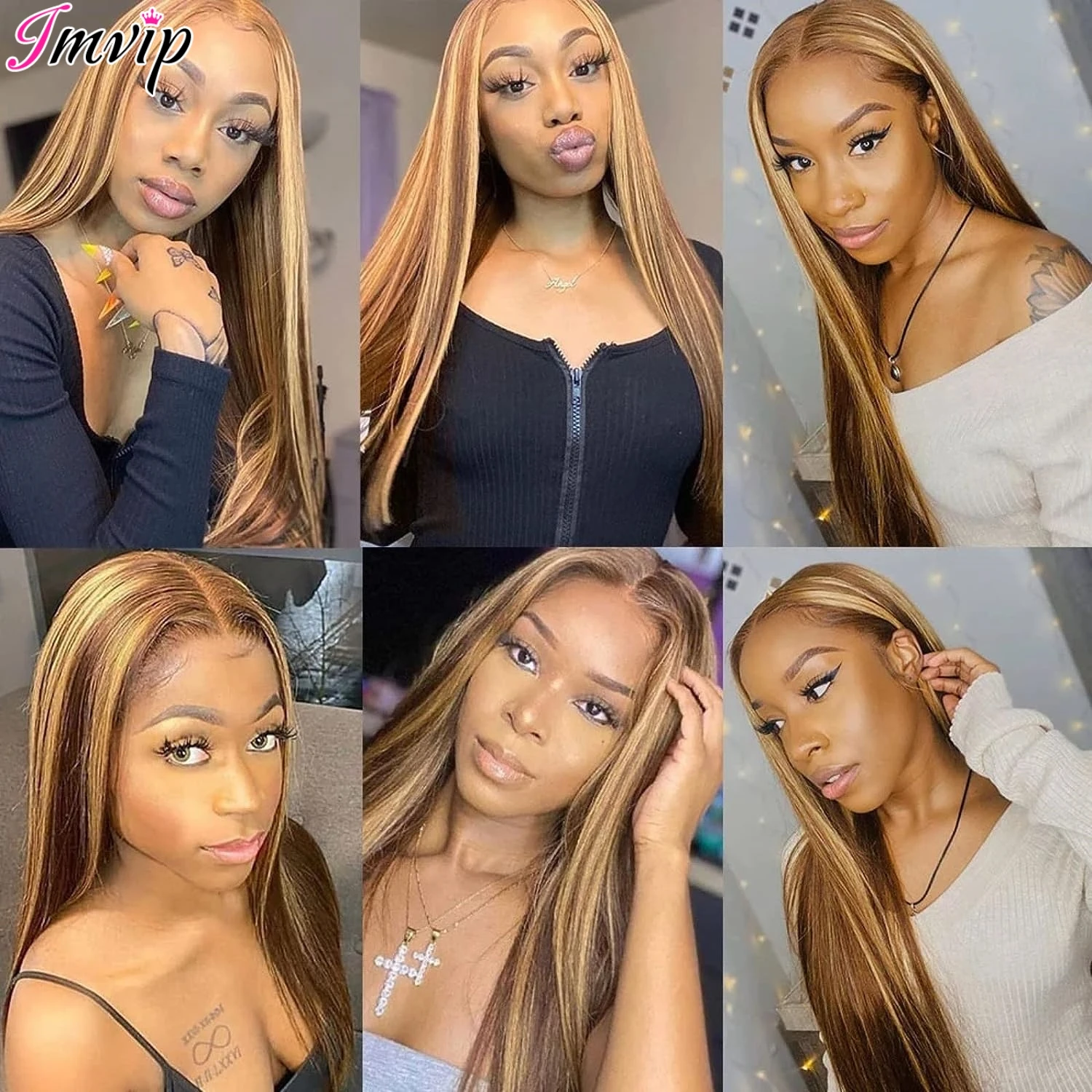 IAMVIP-HD Lace Front Straight Wig para Mulheres Negras, Remy Cabelo Humano, Ombre P4, 27 Piano Highlight Color, Glueless, Pré Arrastado, 13x4