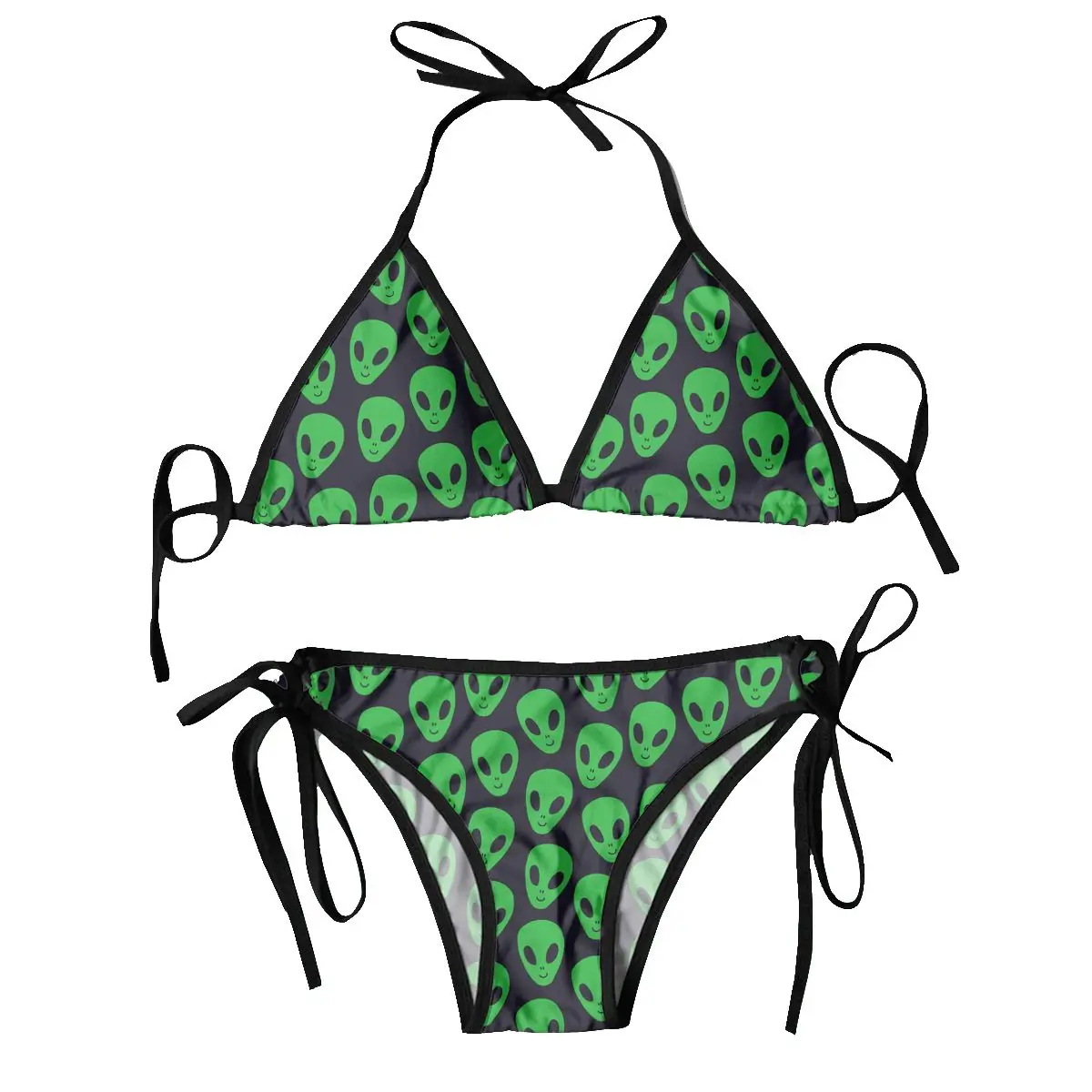 

Women Triangle Swimsuit Lace-up Bikini Set Sexy Halter Swimwear Pushup Green Alien UFO (2)