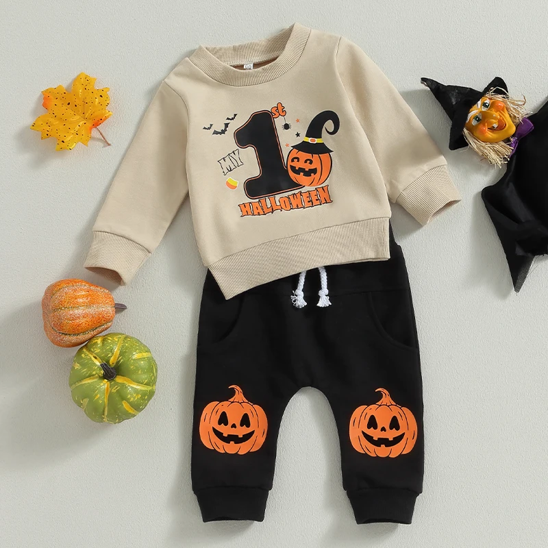 My First Halloween Baby Boy Outfit Infant Cute Halloween Long Sleeve Sweatshirt Top Pumpkin Pants Fall Winter Clothes 2Pcs Set