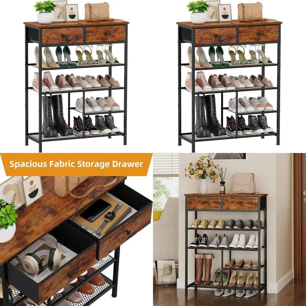 

5-уровневый органайзер для обуви с ящиками, деревянной столешницей и металлическими полками, отдельно стоящий для прихожей