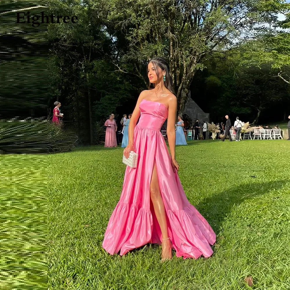 

customized Pink Long A Line Prom Dresses Strapless Sleeveless Club Gowns Side Slit Formal Party Night Evening Dress Vestidos