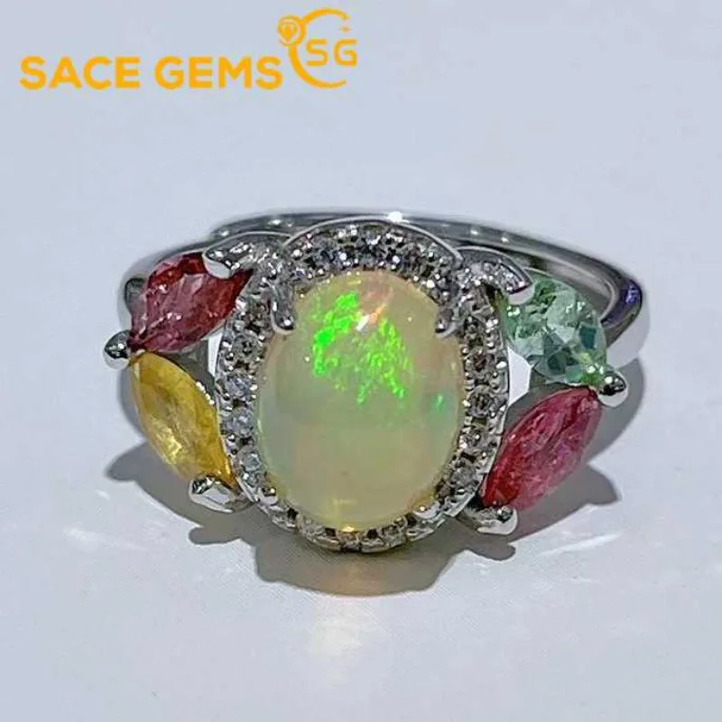 SACE GEMS Luxury Trendy 925 Sterling Silver 7*9MM Natural Opal Tourmaline Rings for Women Engagement Cocktail Party Fine Jewelry