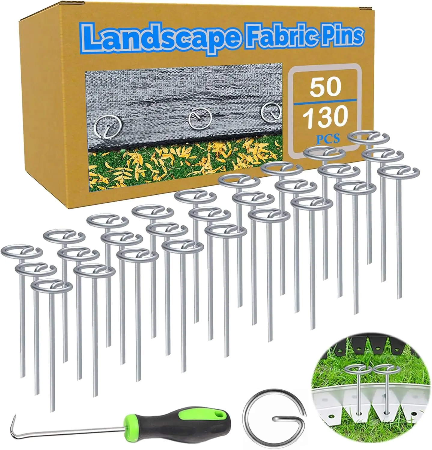 50Pcs Galvanized Garden Staples with Pick Hook, 6-Inch Landscape Fabric Pins for Weed Barrier and Ground Cover