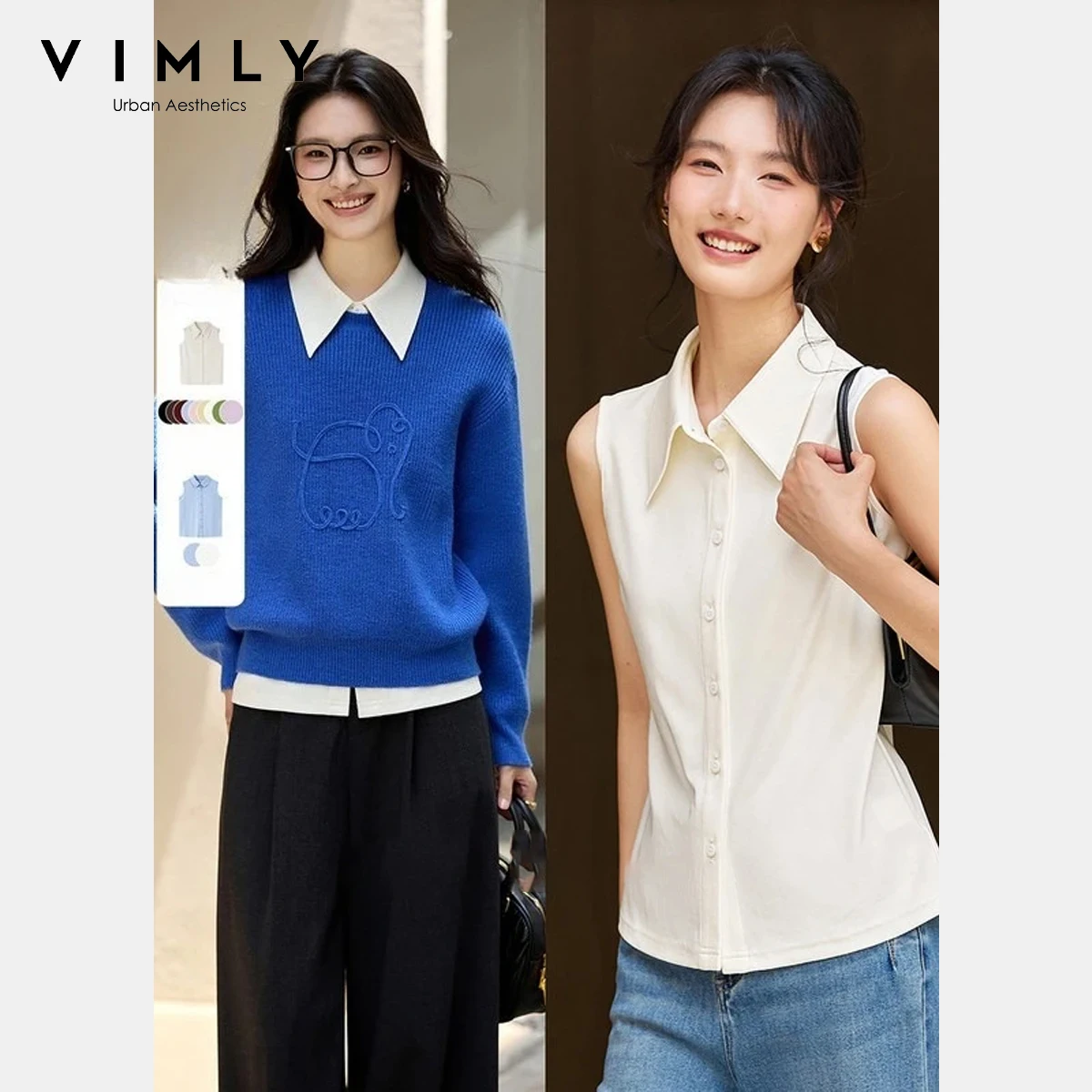 

VIMLY Women's Casual Shirt Sleeveless Sleeve Knit Blouse Spring 2026 French Style Peter Pan Collar Solid Female Blouses A2871