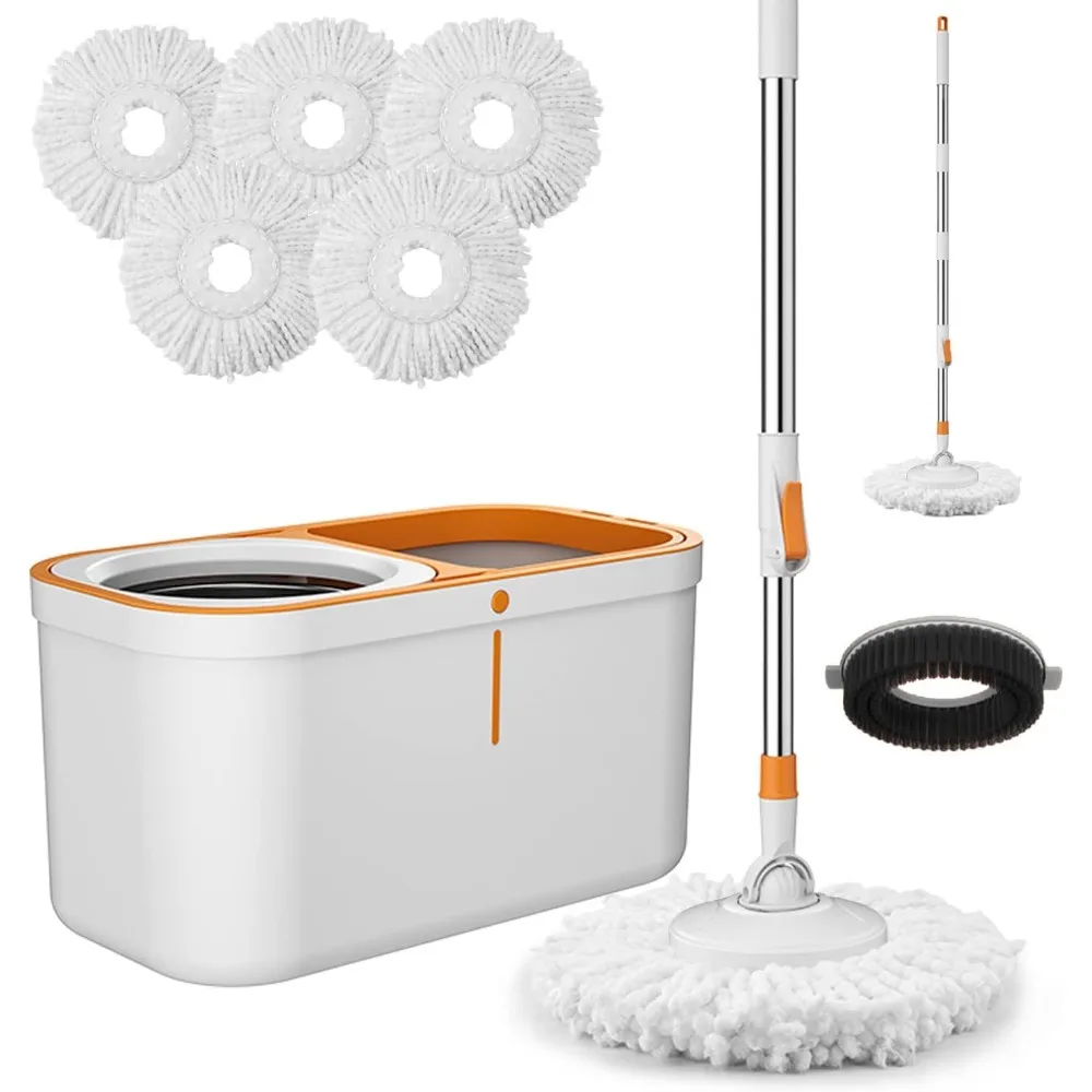 

Spin Mop Bucket with Wringer System, 61" Adjustable Handle, 5 Replacement Heads and Cleaning Brush for Efficient Floor Cleaning
