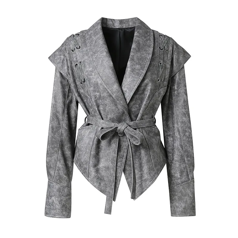 Giacca in pelle a maniche lunghe da donna cappotto da motociclista da moto cappotto con fasciatura capispalla cappotto in pelle Streetwear moda