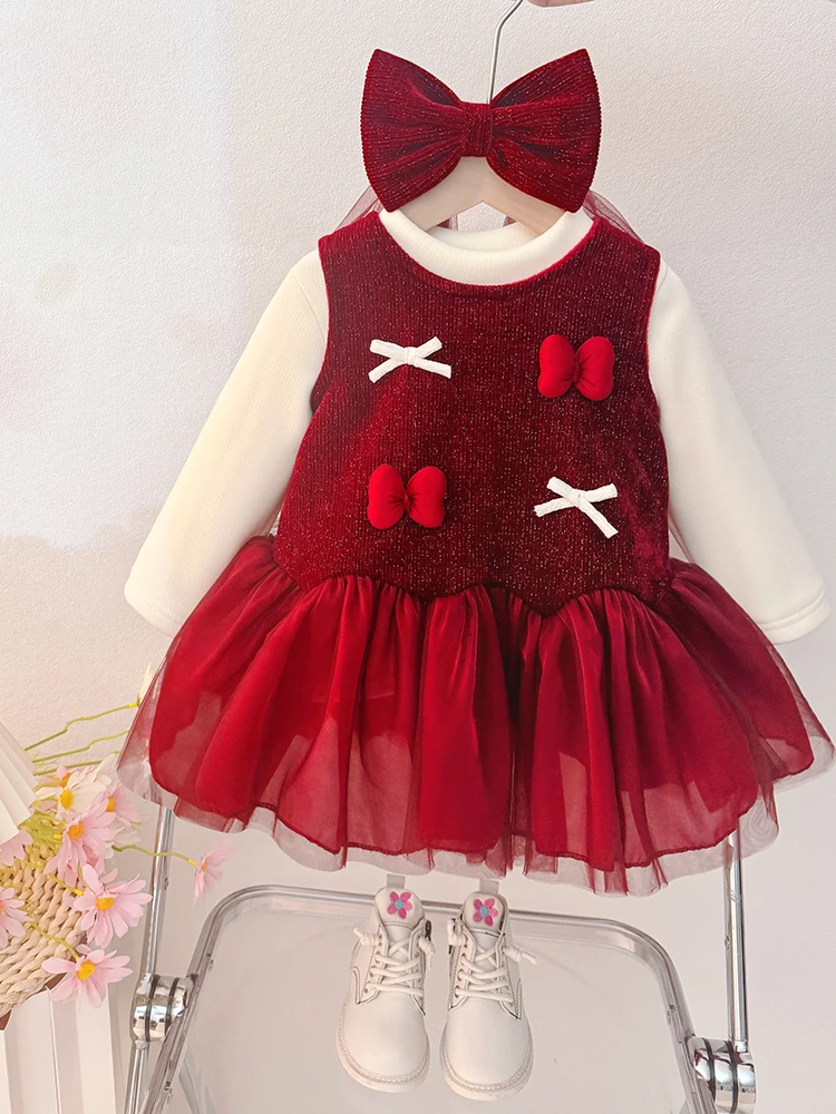 

Girls Fce Lined Princ Outfit with Bow Detail Warm Vest And Skirt Two Piece Set Cute Bubble Bow Design Winter Spring Wear