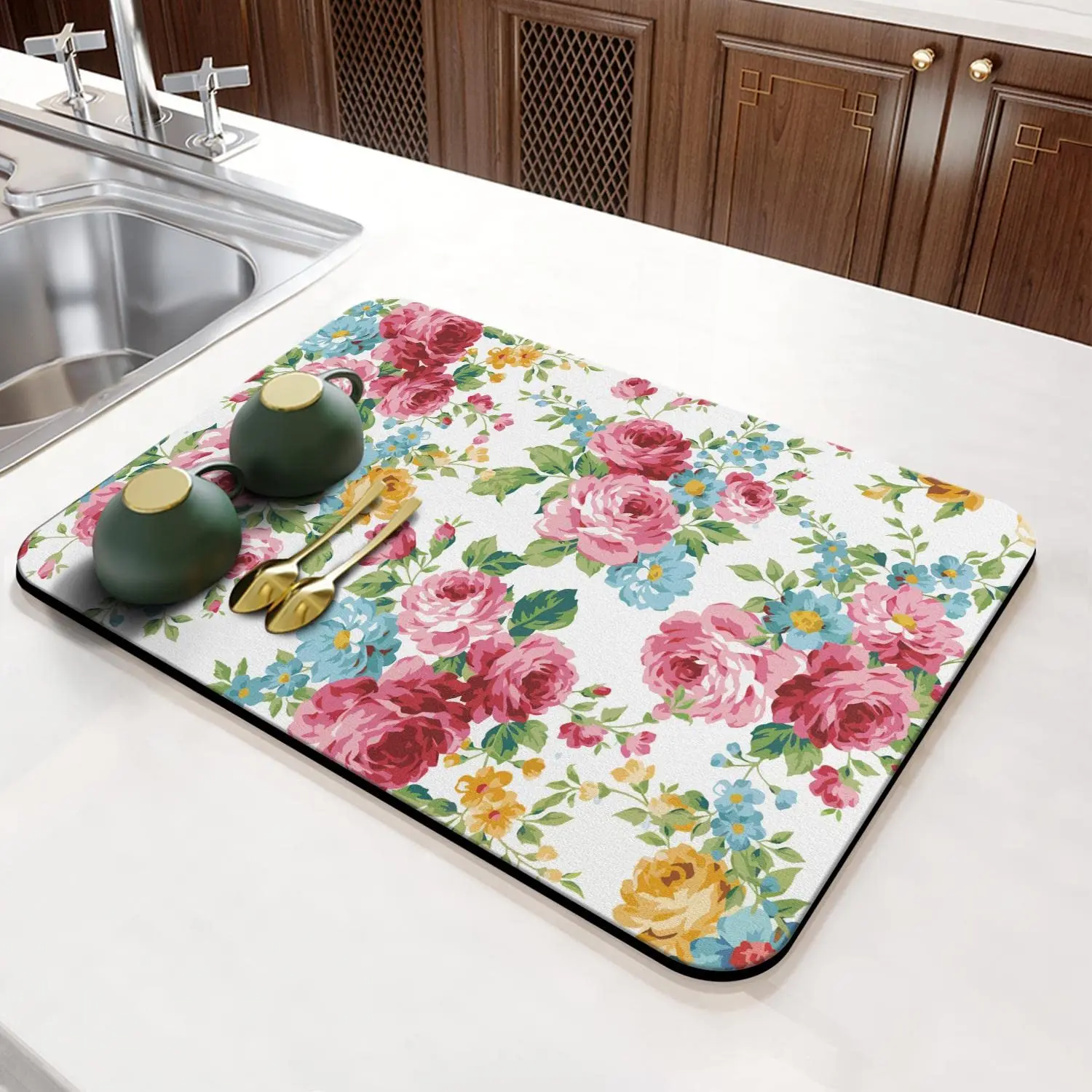 

Floral Coffee Bar Mat Flower Absorbent Rubber Backed Dish Drying Mats for Kitchen Counter Draining Pad