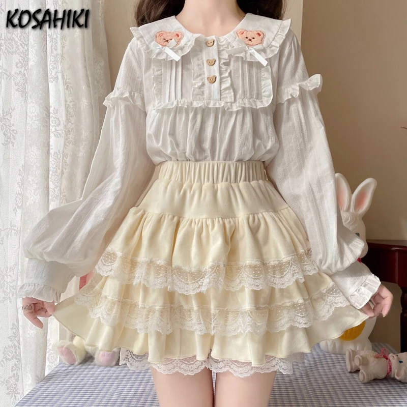 Japanese Kawaii Girl Sweet Cute Lolita Shirt Y2k Aesthetic Cartoon Embroidery Blouse Tops Women JK Loose Button Blusas Femme