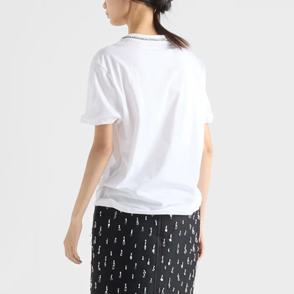 2026 Summer New French White Round Neck Rhinestone Short Sleeve T Shirt Women Loose Casual Top