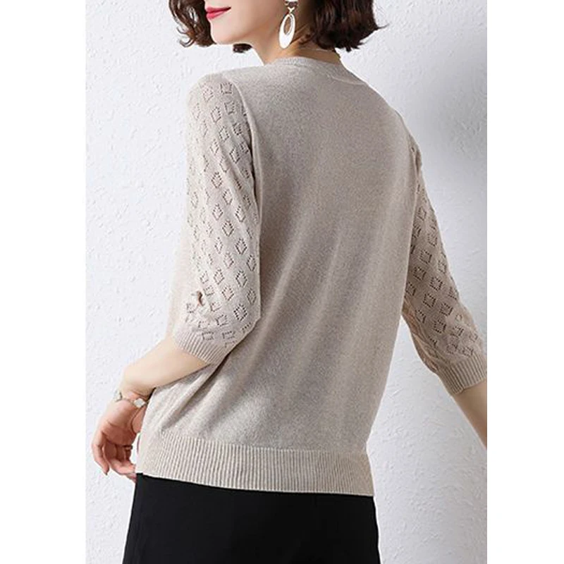 Women's Fashion Hollow Solid Elegant Thin Basic Knitwear 2024 Spring Summer Simple Casual O Neck 3/4 Sleeve Loose Pullover Tops