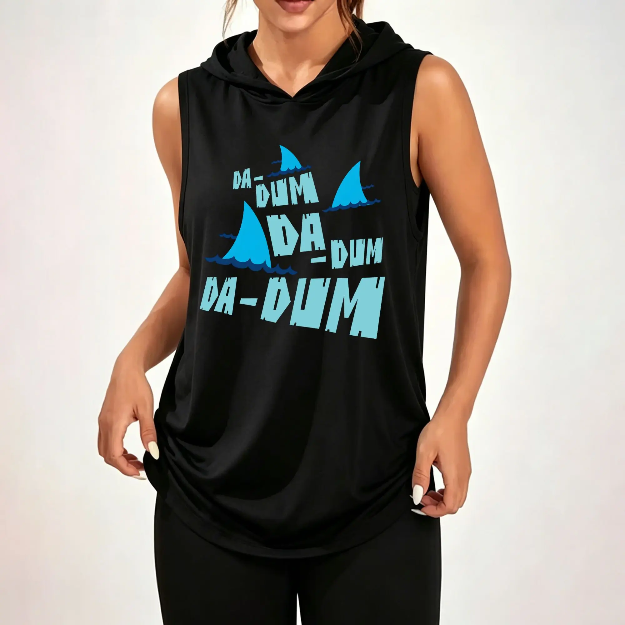 Women's Sleeveless Hoodie, Shark Fin Da-Dum Rhythm Retro Ocean Graphic Print Casual Hooded Tank Top
