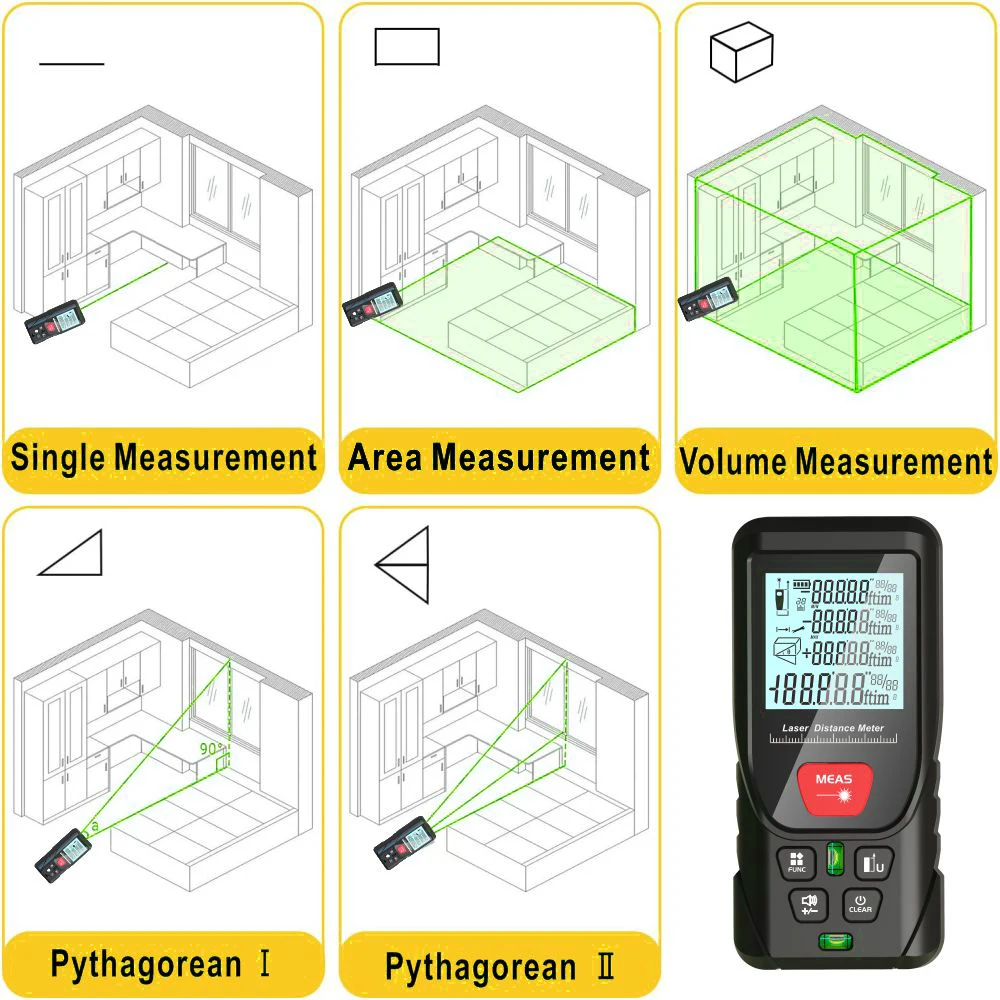 Laser Meter Green Laser Beam Digital Tape 50m 100m 120m Laser Distance Meter 2 Bubbles Leveling  High Accuracy Laser Rangefinder