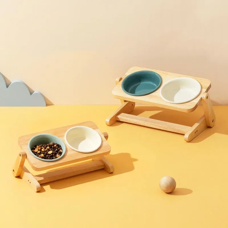 

ZMaker Height Adjustable Elevated Dog Feeding Bowl Durable Oaken Non-Slip Double Bowl Ceramic Elevated Cat Bowl