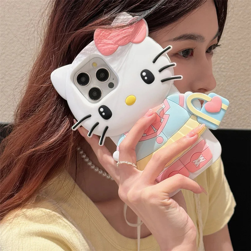 Handtas Sanrio Leuke Hello Kitty Kuromi Voor iPhone 16 15 14 13 12 11 Pro Max Kawaii Y2K 3D Cartoon Silicone Soft Cover Case