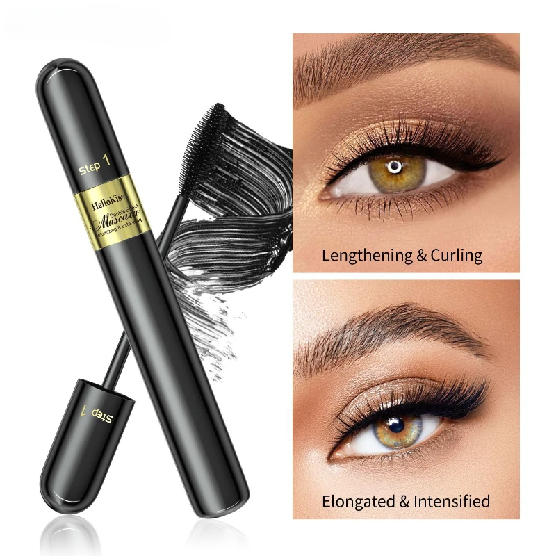 4D Mascara Double Effect Lengthen Curling Thick Eyelash Waterproof Long Lasting Lash Silk Fiber Lengthening Extension Makeup