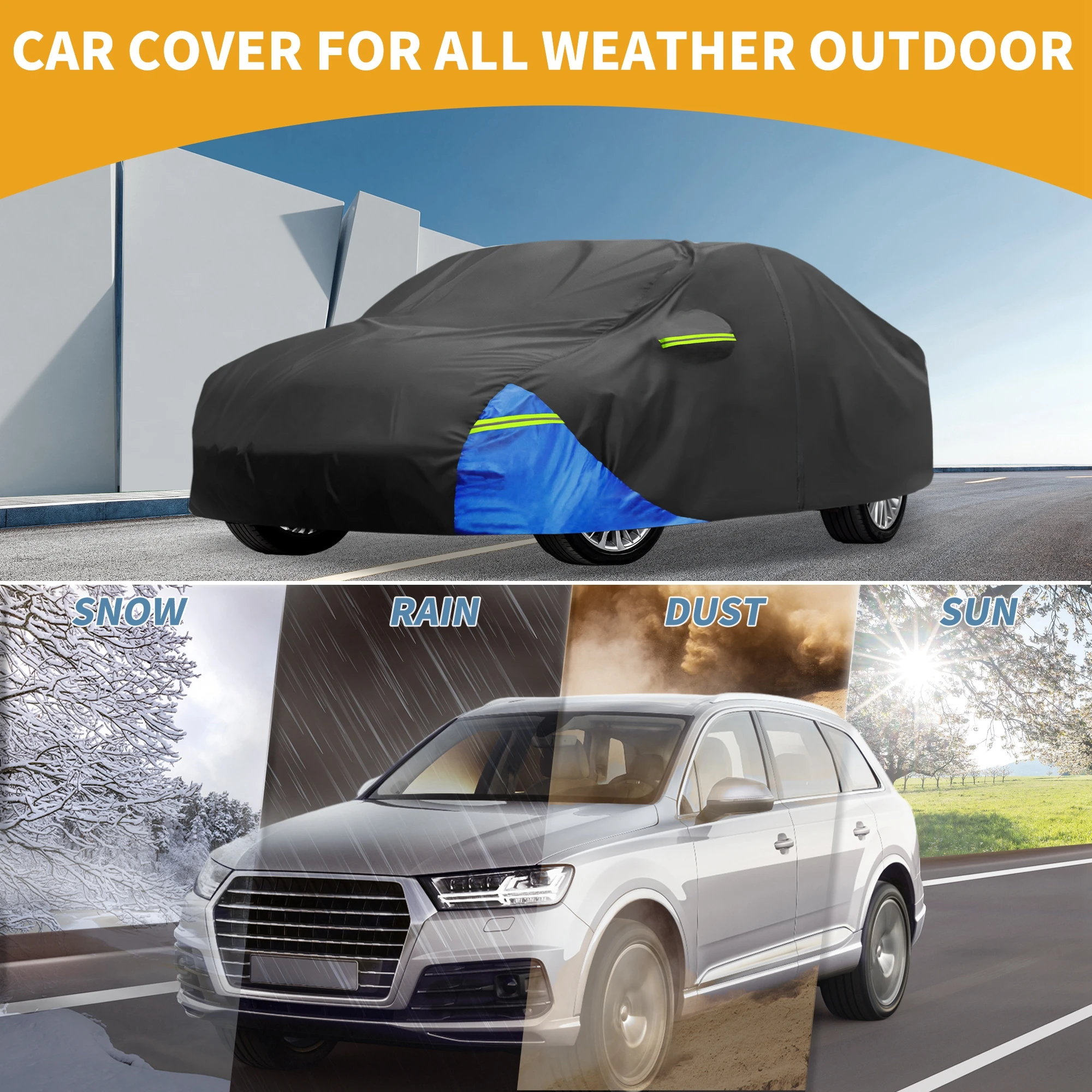 

Uxcell Car Cover Waterproof All Weather 210D, Uv Sun Rain Protection, for Toyota Camry with Left Side Zipper, Black & Blue
