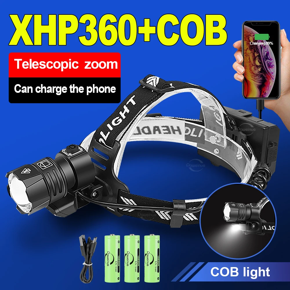 Ultra XHP360 Powerful Headlamp 18650 USB Rechargeable LED Head Lamp High Power Headlight IPX6 Waterproof Fishing Head Flashlight