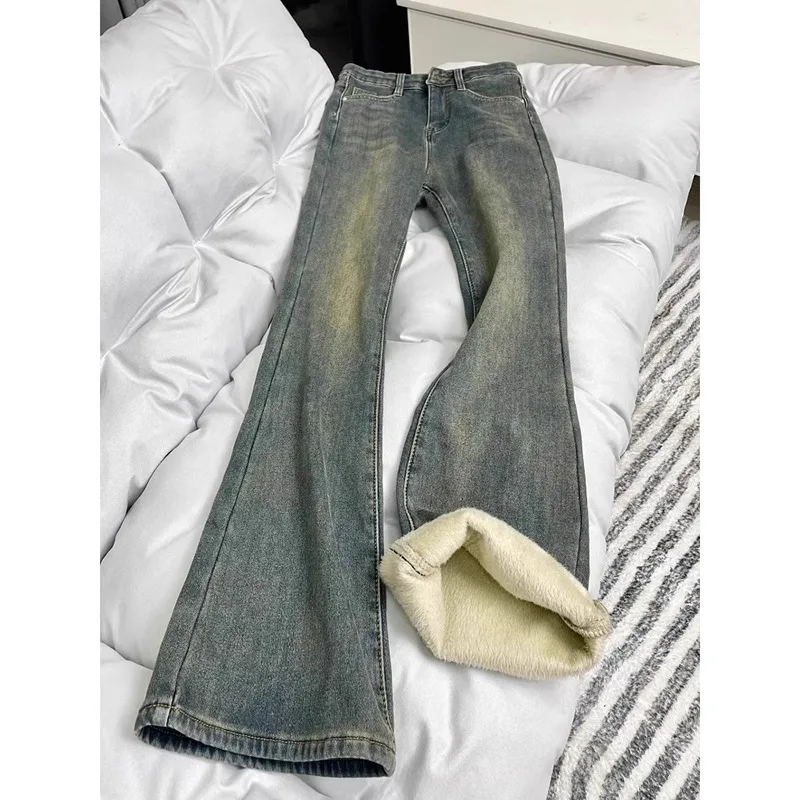 

Женские зимние джинсы синего цвета с флисовой подкладкой, больших размеров, с высокой талией, эластичные, слегка расклешенные, с эффектом подтяжки бедер