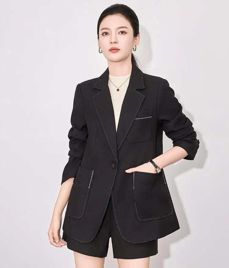 

2026 Autumn Winter Women Office Casual Notched Long Sleeve Single Button Lady Slim Blazer With Pockets