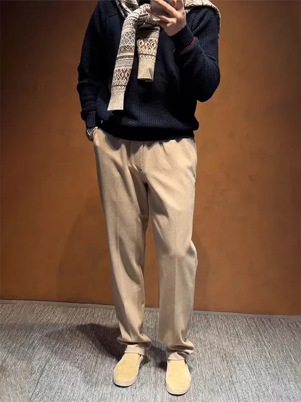 

Elegant Charcoal Grey Men's Tweed Pants Straight Leg Drapey Slim Fit Casual High-End Feeling Spring Seasonal Trousers