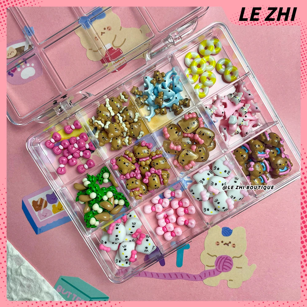 120pcs Boxed Kawaii Black Skin Hello Kitty Nails Art Charms Accessories Hawaii Dolphin KT Coconut Tree Bow DIY Resin Accessories