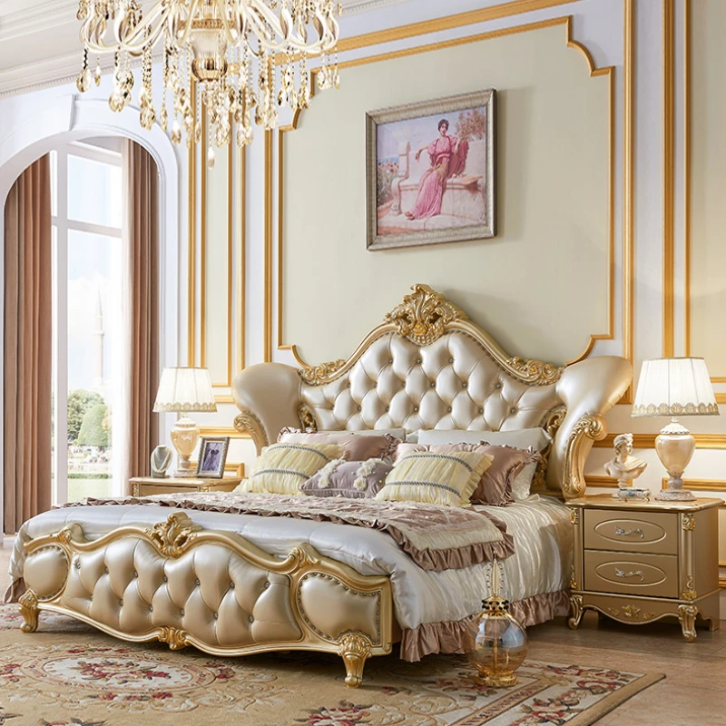 Princess European Pretty Double Bed Luxury Modern Gold Villa Adults Leather Bed Frame Headboard Cama Casal Bedroom Set Furniture