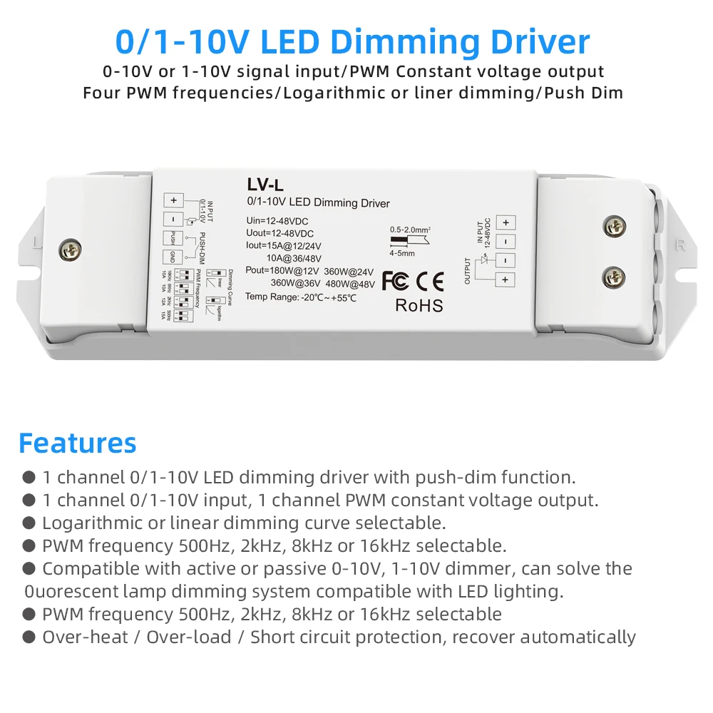 0/1-10V LED Dimming Driver PWM Constant Voltage 1CH DC48V 36V 24V 12V 0 -10V Dimmer Controller 1 Channel 1-10V Signal Input LV-L