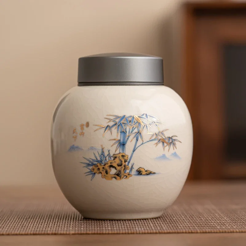 Ruyao Tea Pot Aluminum Alloy Lid Ceramic Sealed Pot Tea Bag Storage Box Tea Container Living Room Coffee Table Decorative Jar