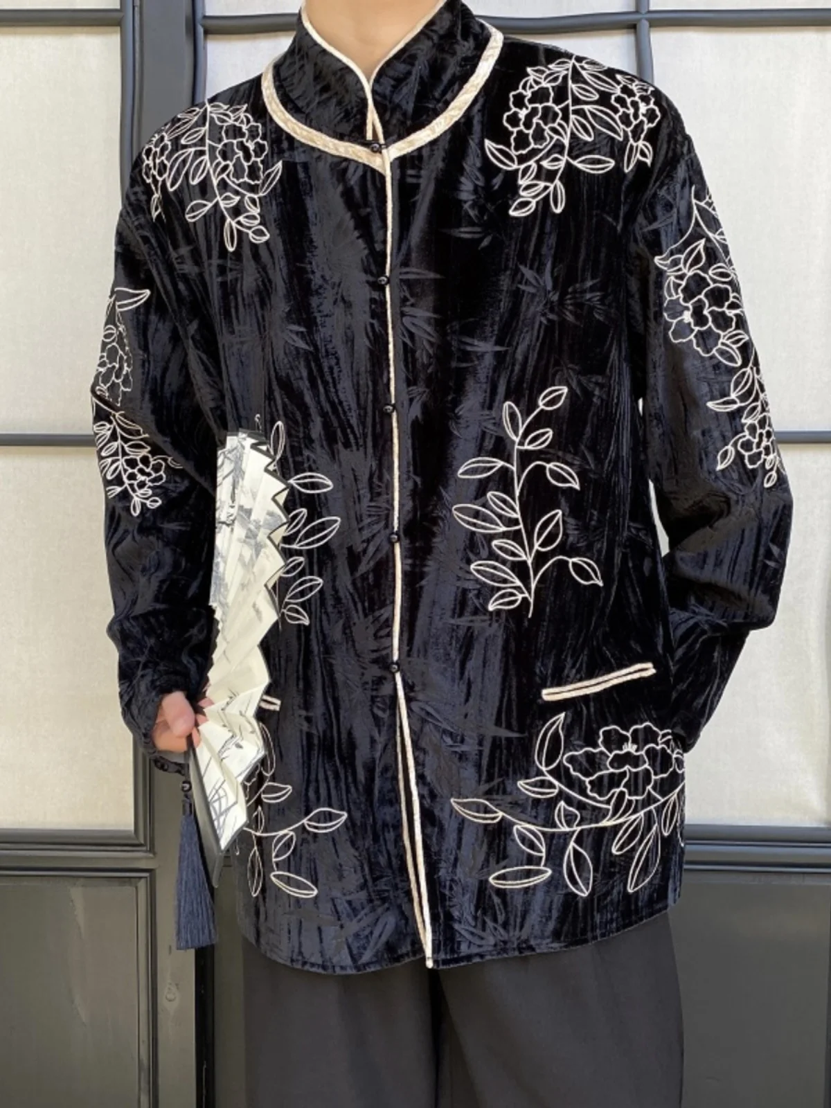 

Spring Chinese Sle Velvet Floral Embroidery Design Long Sve Loose irt Jaet Men's Retro Zen Loose irt