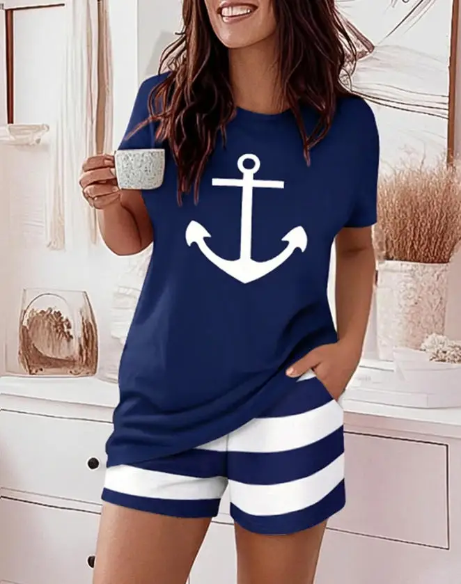 

Fashionable and Casual Women's Home Suit Round Neck Boat Sight Print Loose Short Sleeved T-Shirt Slim Straight Shorts Set