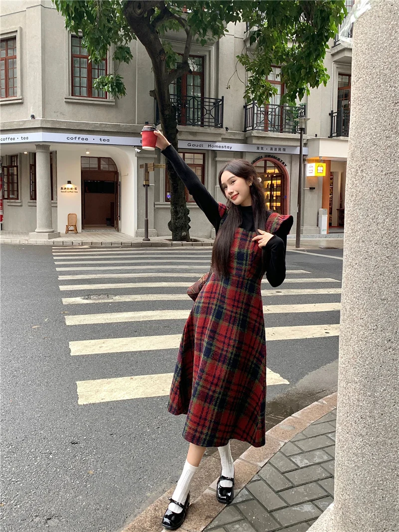 Preppy Style Women\'s Scottish Dress Set Spring Autumn Woolen Plaid Flying Sleeve Dresses + Black High-neck Slim Pullover Elegant