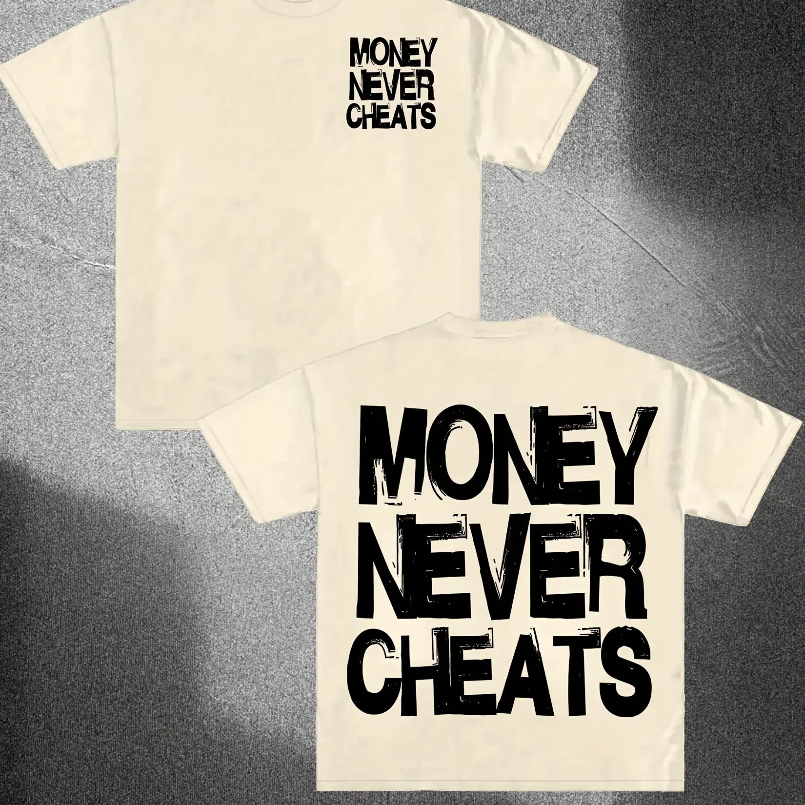 Money Never Cheats Graphic Cotton T-Shirt for Men Royal Blue Casual Round Neck Short Sleeve Unisex Loose Fit Versatile Style