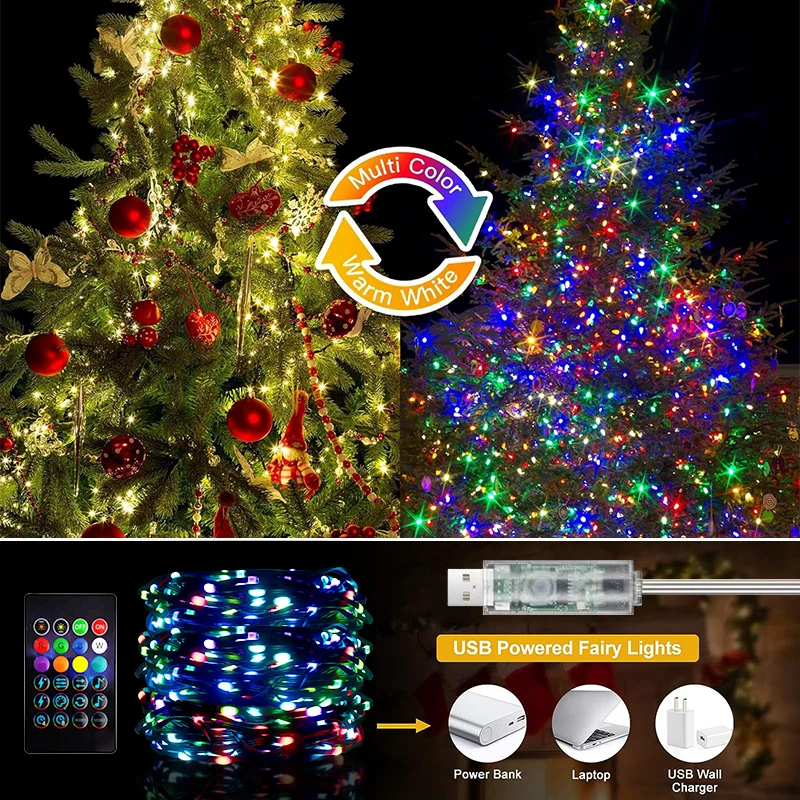 5/10/20M Smart App LED String Lights RGB IC Waterproof Fairy Lights Copper Silver Wire Garland Light For Christmas Decor 2024