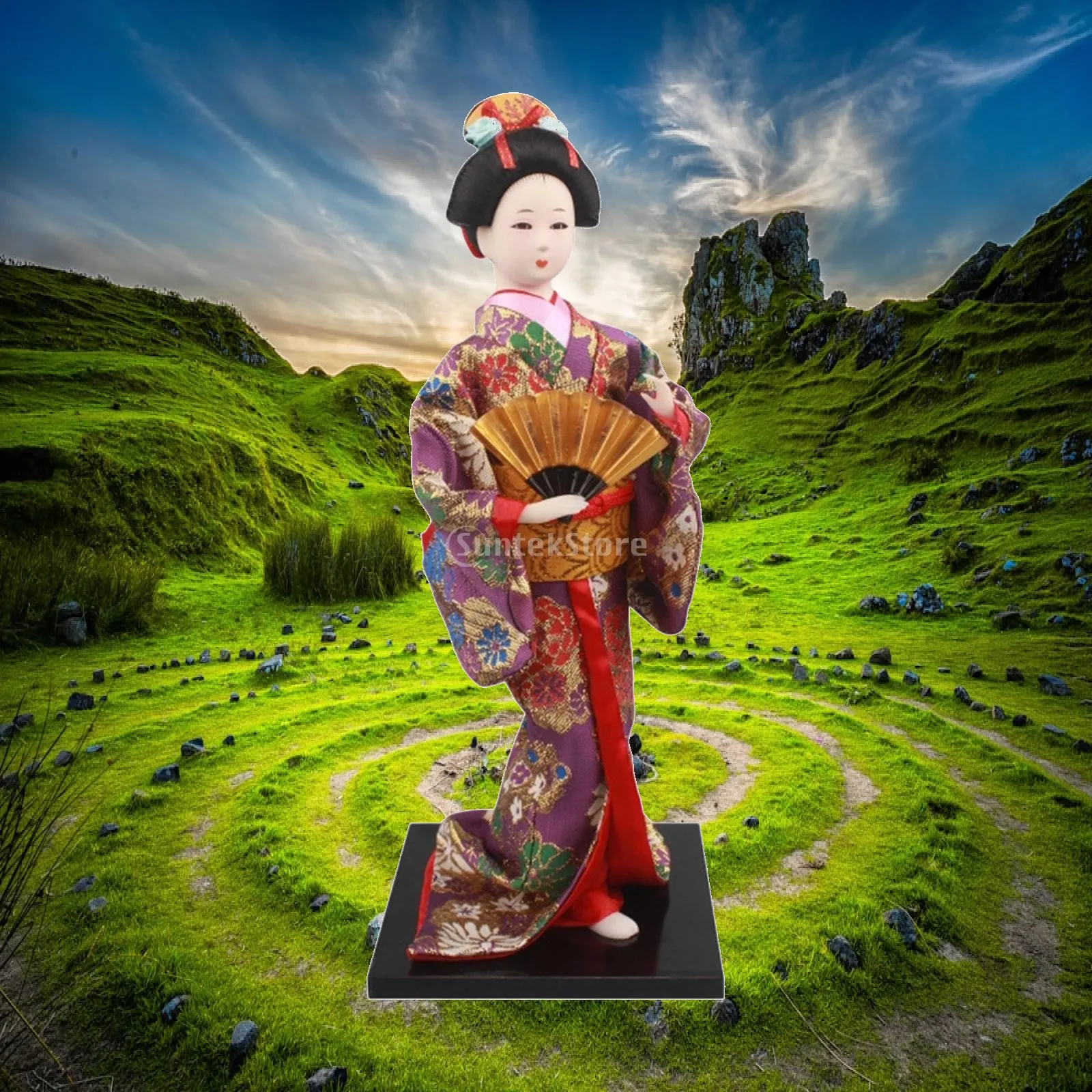 Oriental Doll Statue Traditional Kimono Female Figure Centerpiece for Living Room Office Bookshelf Ornament