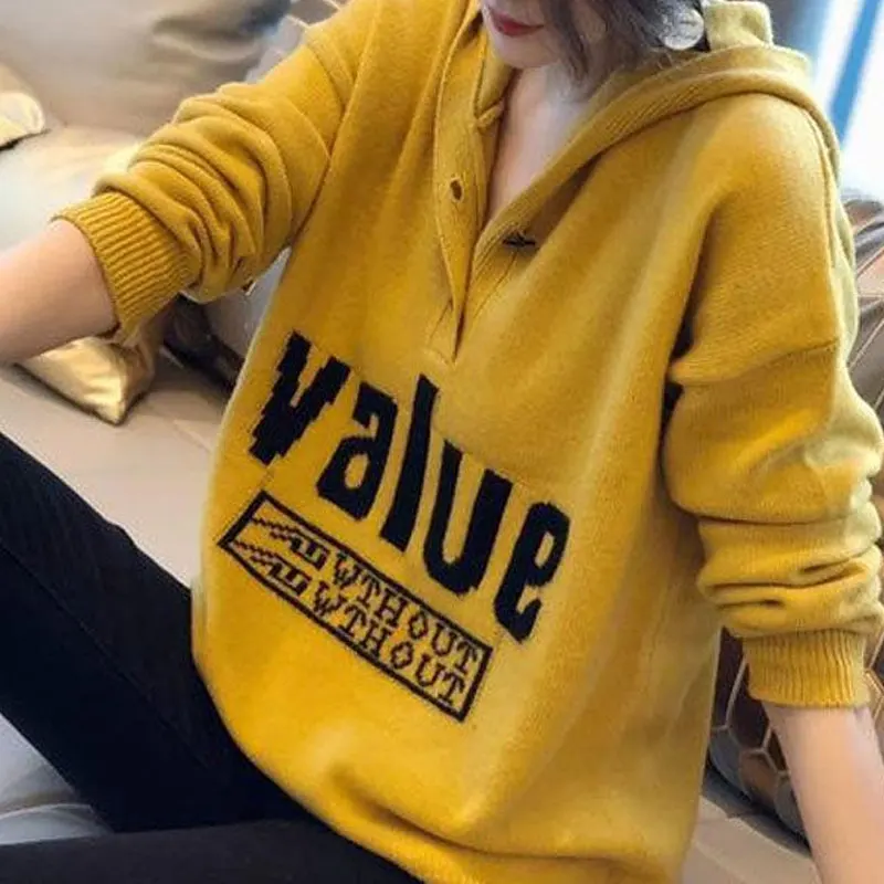 Casual Solid Color Letter Hooded Sweaters Autumn Winter Stylish Button Korean All-match Commute Female Clothing Knitted Jumpers