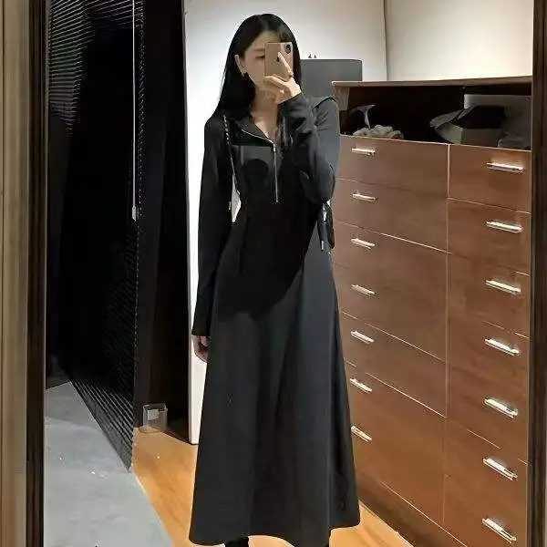 Black High Waist Long Sleeve Hoodie Dress Women's Spring Autumn Slimming Long Dress Elegant Waist Cinching Maxi Skirt