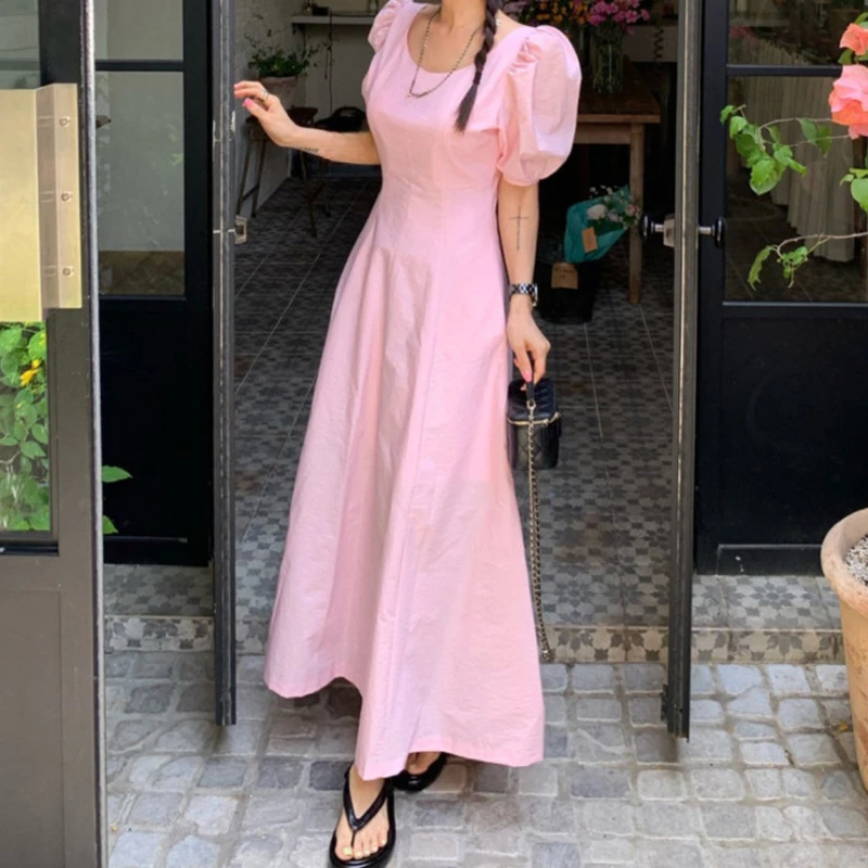 REALEFT الصيف نفخة الأكمام المرأة ألف خط فساتين طويلة 2025 جديد س الرقبة عالية الخصر النمط الفرنسي خمر فستان أبيض للنساء #3