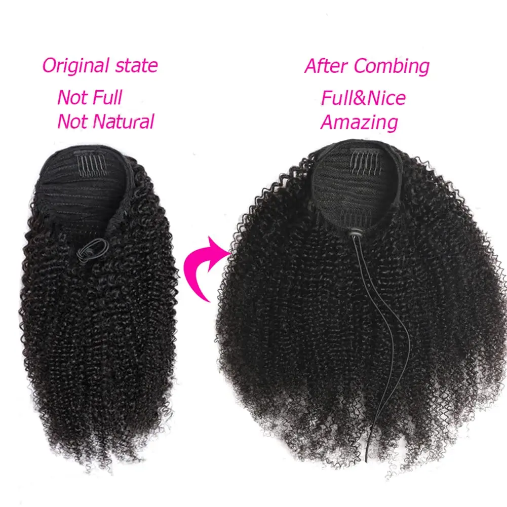 Afro Kinky Curly Brazilian Human Hair Extension Drawstring 4c Curls Puff Ponyta… - Image 3