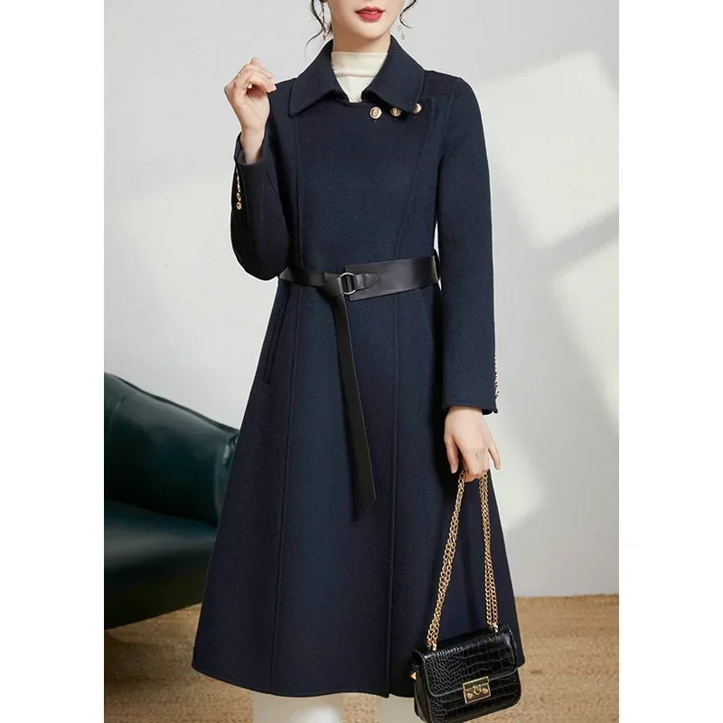 Double-sided cashmere coat women's medium and long woolen coat Hepburn style  autumn and winter new British style wool coat