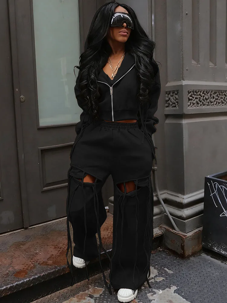 الشارع الشهير قطعتين مجموعة امرأة رياضية ركض تجريب سستة طويلة الأكمام مقنعين سترة ثقب شرابة Sweatpants فرقة الرياضة #5