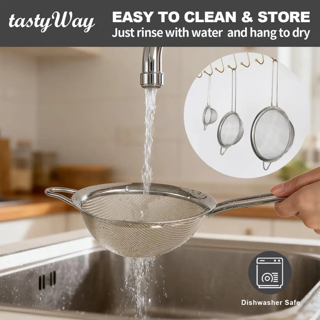 

3-piece stainless steel fine mesh strainer, multifunctional flour sieve with handle, dumpling spoon, and hot pot colander