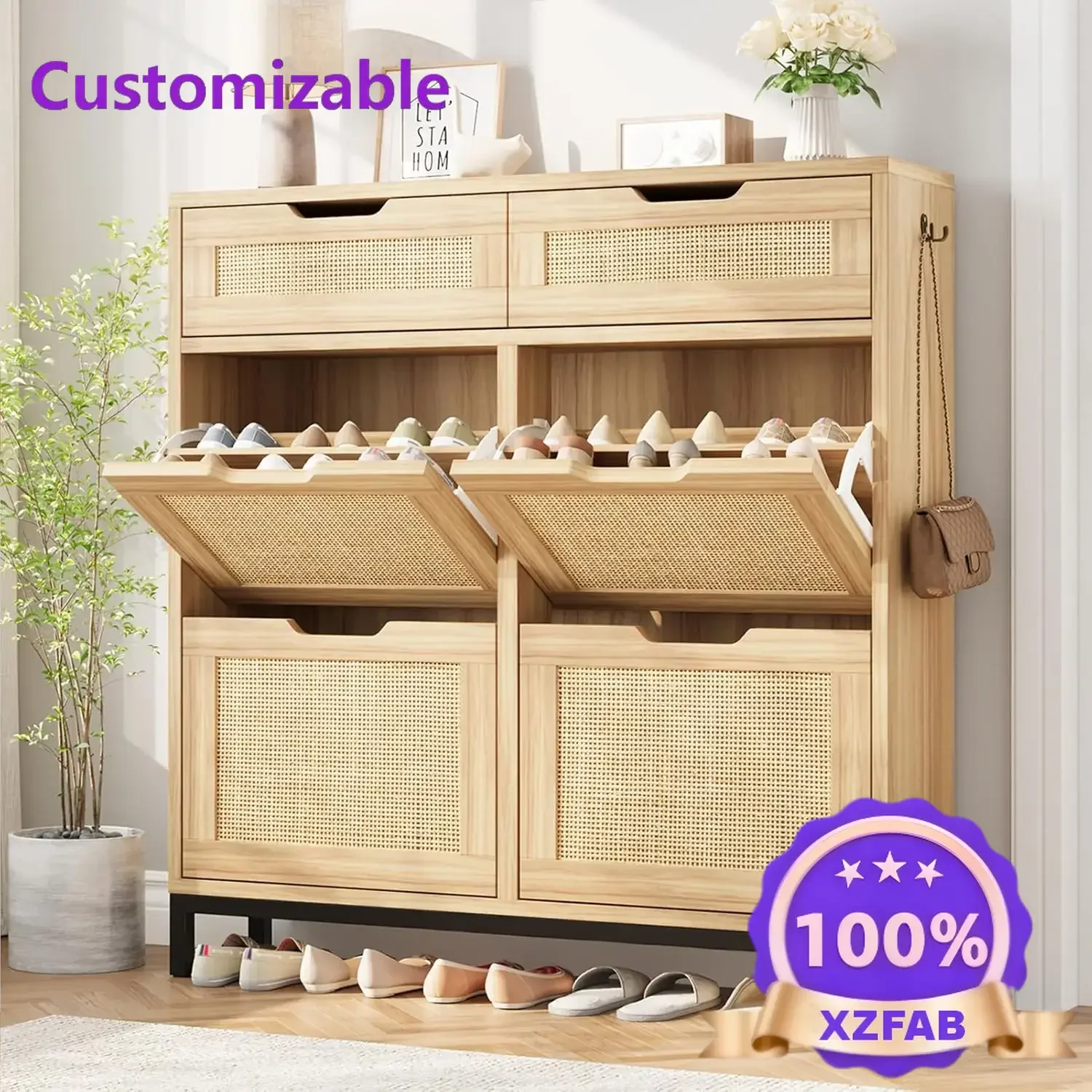 Factory Direct 2026 Nordic Shoe Cabinet Storage for Entryway Hidden Narrow Organizer with 4 Flip Drawers, Free Standing
