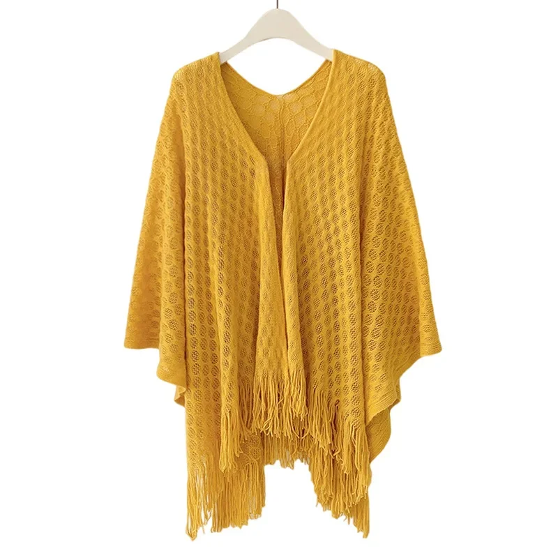 

New Air conditioned room Office Poncho Summer Thin Knitted Shawl Women's Solid Color Versatile Plaid Fringe Outer qipao Cloak P2