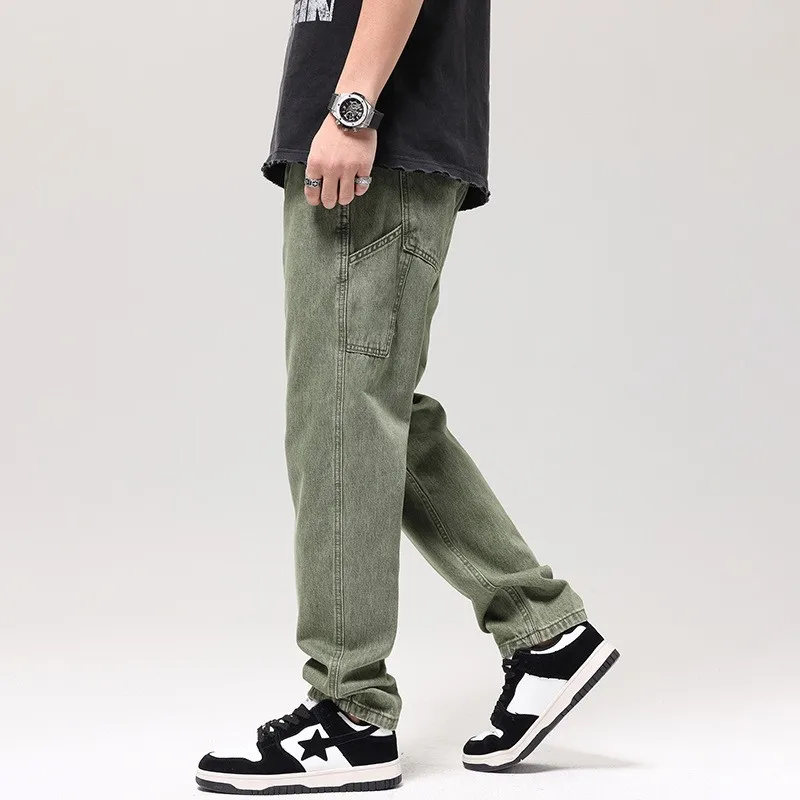 Pantalon cargo en denim vert pour homme, jean épissé, multi-poches, mode de rue décontractée, Hip Hop, droit, zone bre, designer