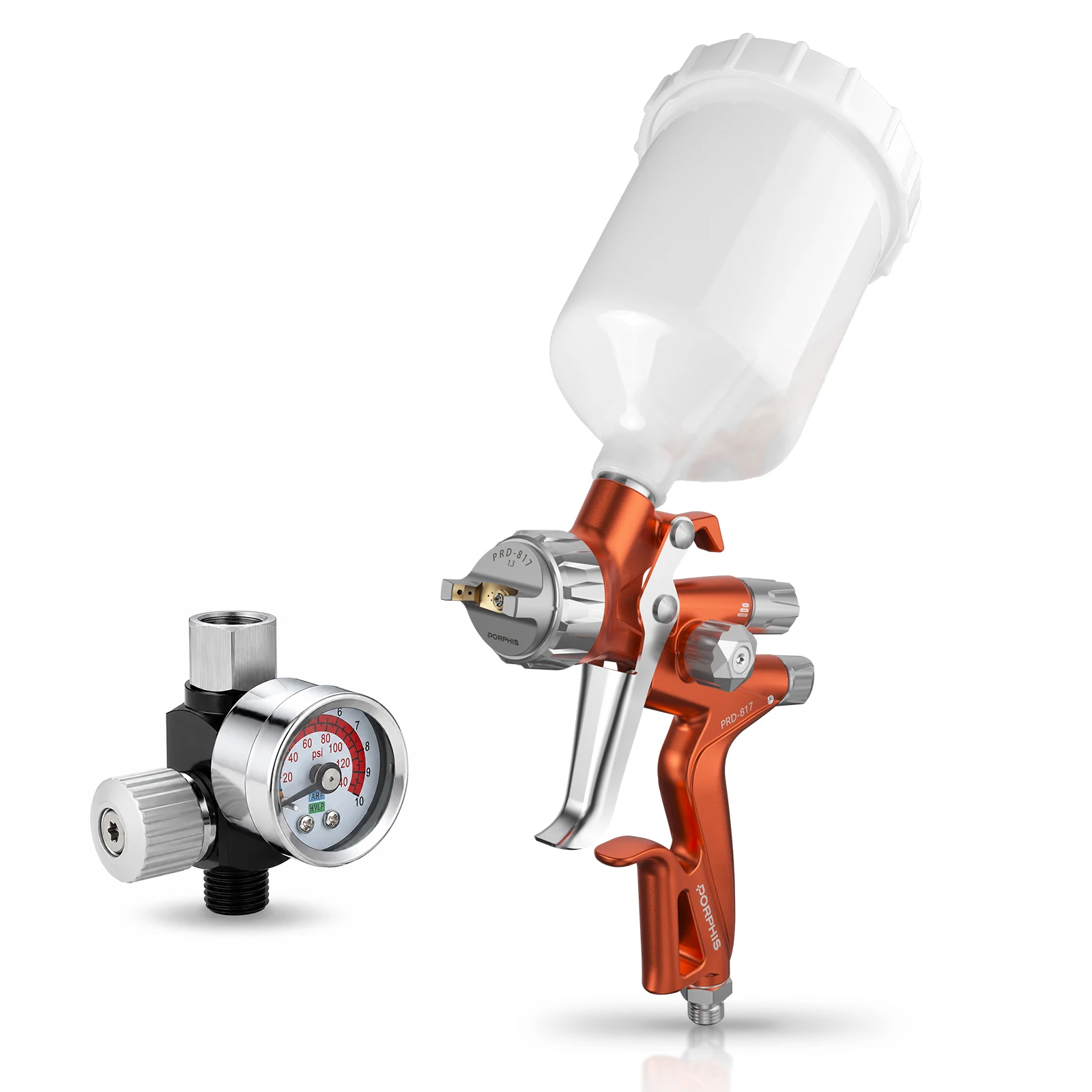 PORPHIS PRD-817 VS Spray Gun with Air Pressure Gauge Automotive Paint Gun for Clear Coat Refinish Body Shop Finish Car Repair