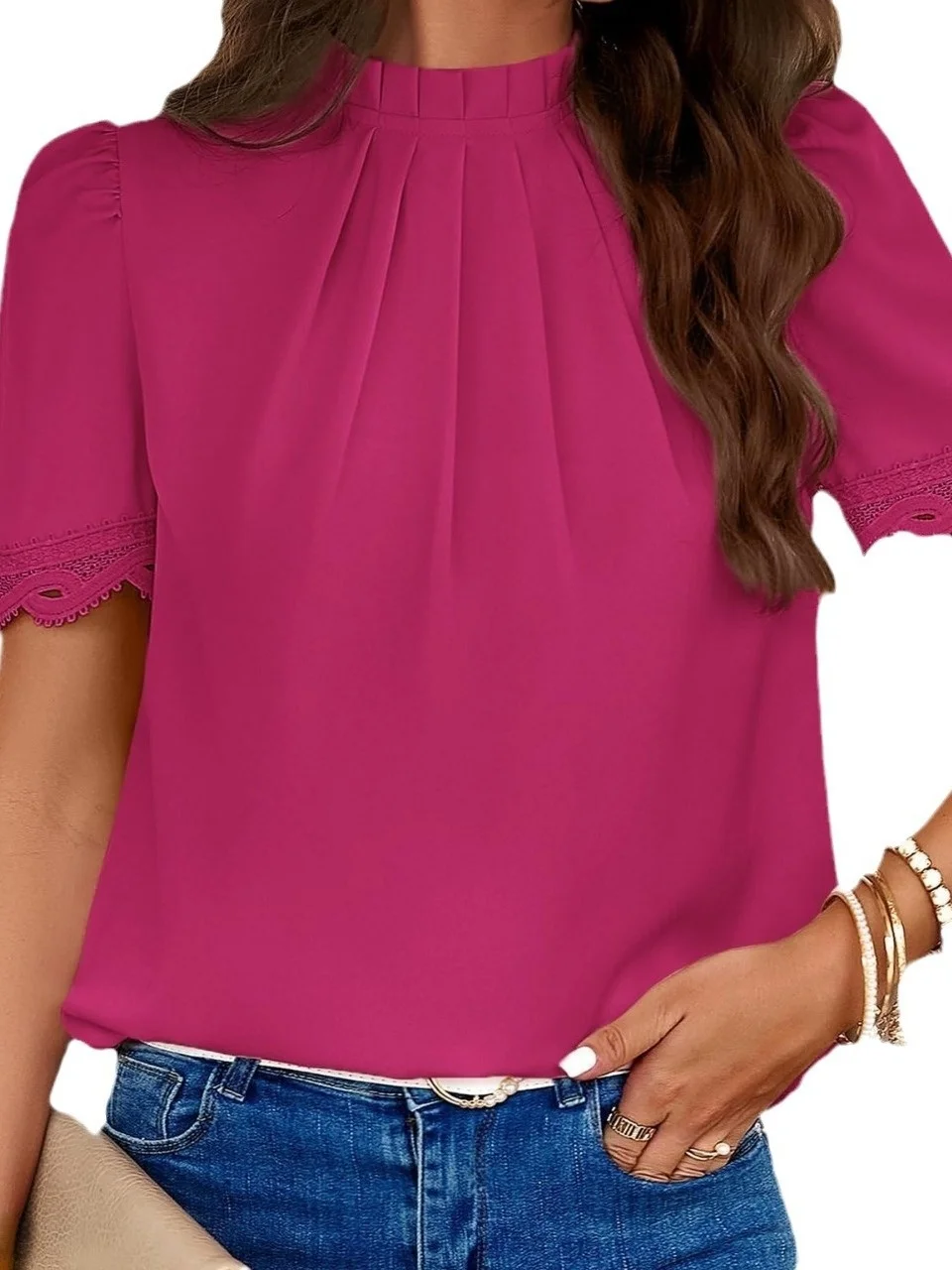 

French Sle Lace Trimmed ort Sve irt Pleated High Collar ature Design Women's Summer Faion Pure Color Blouse